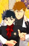  2boys black_hair brown_eyes formal grin jungyun99 kuwabara_kazuma looking_at_viewer male_focus messy_hair multiple_boys orange_hair pointing short_hair smile suit teeth upper_body yaoi yuu_yuu_hakusho 