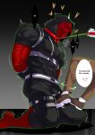  1boy 1other arms_behind_back bara black_hoodie bulge chain chain_leash deadseven77 domination dominatrix heart highres hood hoodie kneeling leash monsterxmediator nauseaxe_404 pet_play red_blindfold shaking shoes submission 
