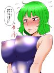  1girl ahoge alternate_costume alternate_eye_color areolae arms_at_sides bangs blush breasts clenched_teeth competition_swimsuit covered_nipples embarrassed eyebrows_visible_through_hair flying_sweatdrops green_hair hair_between_eyes highres huge_breasts kazami_yuuka looking_at_breasts looking_down nose_blush one-piece_swimsuit outline pink_eyes puffy_nipples pursed_lips see-through shiny shiny_clothes shiny_hair shiny_skin shiraue_yuu short_hair simple_background sweatdrop swimsuit teeth touhou translation_request upper_body white_background 