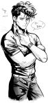  1boy cigarette cowboy_shot holding holding_cigarette jungyun99 korean_text kuwabara_kazuma looking_at_viewer male_focus monochrome pompadour simple_background solo translation_request watch white_background wristwatch yuu_yuu_hakusho 