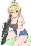  1girl absurdres ankoiri blonde_hair bow breasts cleavage denim denim_shorts girls_frontline green_bow green_hairband grin gun hair_bow hairband highres large_breasts long_hair looking_at_viewer ponytail red_eyes rifle shorts simple_background sitting smile sniper_rifle solo sports_bra sv-98 sv-98_(girls_frontline) wariza weapon white_background 