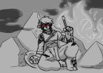  anthro bandage blood bodily_fluids canid canine canis claws clothed clothing domestic_dog fire fur hair hijackerdraws_(artist) holding_object holding_weapon male mammal melee_weapon red_eyes scar shield simple_background sitting solo sword weapon 