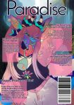 absurd_res alfie_de_selenethai_(monsters_and_mutants) ambiguous_gender andromorph anthro back_wings barcode bell bell_collar blue_body blue_fur bottomwear button_(fastener) chain chain_jewelry chest_tuft clothed clothed_anthro clothing collar cover dragon facial_piercing feathered_wings feathers flower forest fur gem hair hi_res highlights_(coloring) horn hybrid intersex jade_(gem) jewelry jungle jungle_background leaning long_hair lotus_(flower) magazine_cover male markings monsters_and_mutants mythological_creature mythological_scalie mythology nose_piercing nose_ring piercing pink_hair plant ponytail purple_body purple_fur raised_arm raised_wings ring_piercing scalie septum_piercing septum_ring shorts spread_wings sweater text text_box text_emphasis tongue tongue_out topwear tree tuft waggan wing_markings wings