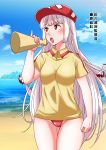  1girl alternate_costume alternate_hair_color arm_at_side bangs baseball_cap beach bikini bikini_bottom blue_sky blunt_bangs breasts cameltoe clenched_hand cloud collared_shirt cowboy_shot day eyebrows_visible_through_hair fujiwara_no_mokou hair_ribbon hat highres inlet lavender_hair long_hair looking_to_the_side medium_breasts ocean open_mouth outline pink_lips red_bikini red_eyes red_headwear reflective_eyes ribbon round_teeth sand shiraue_yuu shirt short_sleeves sidelocks sky solo swimsuit talking teeth thighs touhou translation_request tress_ribbon very_long_hair waves white_ribbon yellow_shirt 