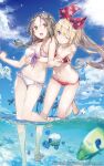  2girls atelier_(series) atelier_firis bikini blonde_hair blue_eyes blue_sky bow bow_bikini braid breasts butterflyfish cloud commentary copyright_notice feet_up firis_mistlud fish frilled_bikini frills grey_hair hair_ribbon highres hug hug_from_behind ilmeria_von_leinweber long_hair medium_breasts multiple_girls navel official_art one_eye_closed open_mouth outdoors parted_bangs partially_underwater_shot red_bikini red_ribbon ribbon second-party_source sky standing standing_on_one_leg star_(symbol) star_print swimsuit torso_grab tropical_fish w_arms wading white_bikini yellow_eyes yuugen 