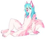  2020 4_toes 5_fingers absurd_res anthro blue_hair canid canine canis digital_media_(artwork) domestic_dog fingers fur hair hi_res kyotoleopard looking_at_viewer male mammal pink_body pink_fur red_eyes simple_background sitting smile solo toes white_background 