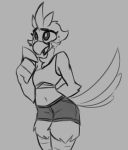  anthro avian beak bird chicken clothed clothing female flat_chested fluffy fluffy_tail fur galliform gallus_(genus) hijackerdraws_(artist) monochrome open_mouth open_smile partially_clothed phasianid simple_background smile solo 