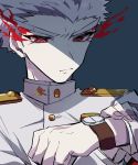  1boy blue_background buttons closed_mouth commentary_request danganronpa danganronpa_1 epaulettes expressionless flaming_eyes gakuran hands_up highres ishimaru_kiyotaka long_sleeves looking_at_watch looking_down mandarin_collar nekoma_hikaru red_eyes school_uniform simple_background sleeves_rolled_up solo spoilers thick_eyebrows upper_body watch white_gakuran white_hair wristwatch 