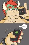  2020 annoyed anthro bowser bracelet dialogue eyebrows green_body grey_background hair hi_res horn jazzwolf jewelry koopa luigi male mario_bros narrowed_eyes nintendo phone phone_call red_hair reptile scalie simple_background solo spiked_bracelet spikes stubble thick_eyebrows video_games yellow_body 