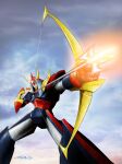  aiming arrow_(projectile) bow_(weapon) closed_mouth cloud cloudy_sky evening feet_out_of_frame foreshortening glowing glowing_eyes hashtag-only_commentary holding holding_arrow holding_bow_(weapon) holding_weapon horns legs_apart mecha mecha_focus nakamura_jun'ichi no_humans outdoors raideen_(mecha) raideen_(series) robot science_fiction signature sky solo standing super_robot weapon yellow_eyes yuusha_raideen 