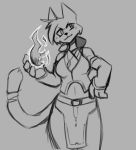  anthro breasts clothed clothing felid feline female fire fluffy fluffy_tail fur hijackerdraws_(artist) magic mammal monochrome simple_background smile solo 