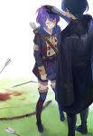  1boy 1girl arrow_(projectile) backlighting bernadetta_von_varley blood bloody_clothes blush boots bow_(weapon) byleth_(fire_emblem) byleth_(fire_emblem)_(male) closed_eyes commentary crying fire_emblem fire_emblem:_three_houses full_body garreg_mach_monastery_uniform grass highres kyufe outdoors petting tears thigh_boots thighhighs weapon zettai_ryouiki 