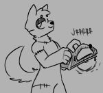  anthro canid canine fluffy fluffy_tail fur hijackerdraws_(artist) holding_object holding_weapon male mammal monochrome simple_background smile solo stiches weapon 