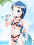  1girl absurdres bangs bikini blue_bikini blue_eyes blue_hair blue_sky bottle breasts cloud commentary_request cowboy_shot day gradient_hair hashijiro_kou highleg highleg_bikini highleg_swimsuit highres kantai_collection long_hair looking_at_viewer multicolored_hair navel outdoors ramune samidare_(kantai_collection) sky small_breasts solo swept_bangs swimsuit towel very_long_hair white_towel 