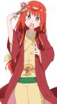  1girl anger_vein bangs blush buratei_marii eyebrows_visible_through_hair fan hand_up holding holding_fan ixy japanese_clothes joshiraku kimono long_hair long_sleeves open_mouth red_hair red_kimono simple_background solo sweatdrop white_background 