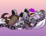  anthro astro_(astro_ferret) blush brown_body brown_fur chastity_cage chastity_device collar domestic_ferret fur hair hi_res male mammal mustela mustelid musteline plushie purple_hair redfeatherstorm solo 