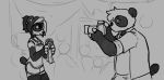  anthro black_body black_fur breasts camera clothed clothing duo female fluffy fluffy_tail fur giant_panda hair hijackerdraws_(artist) holding_object male mammal monochrome multicolored_body multicolored_fur simple_background smile two_tone_body two_tone_fur ursid white_body white_fur 