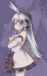  1girl alternate_costume animal_ears bare_shoulders black_bow bow breasts bunny_ears cleavage closed_mouth collarbone crossed_arms dress eyebrows_visible_through_hair from_side girls_frontline green_eyes highres hk416_(girls_frontline) large_breasts long_hair looking_away off-shoulder_dress off_shoulder persocon93 silver_hair solo very_long_hair white_dress 