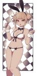  1girl :o bangs blonde_hair blunt_bangs boku_no_hero_academia breasts checkered checkered_background double_bun highres holding holding_knife knife lamb-oic029 looking_at_viewer medium_breasts navel short_hair solo standing toga_himiko yellow_eyes 