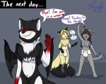  5:4 absurd_res anthro blush canid canine canis demon diaper domestic_cat felid feline felis female frmcast351 fur group hair hi_res kilala_lyko lucy_(frmcast351) male mammal nyx_(nyxthewolf101) open_mouth shigoni simple_background smile text tundra_wolf wings wolf 