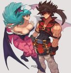  1boy 1girl absurdres animal_print artist_name bat_print breasts brown_hair darkstalkers earrings english_commentary fingerless_gloves fur-trimmed_leotard fur_trim gabriel_ales gloves guilty_gear head_wings highres jewelry long_hair mole mole_under_eye morrigan_aensland muscular muscular_male pantyhose print_pantyhose simple_background sol_badguy stud_earrings white_background wings 