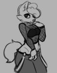  anthro breasts canid canine clothed clothing female fluffy fluffy_tail fur hair hijackerdraws_(artist) mammal monochrome simple_background solo 