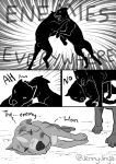  ambiguous_gender bite canid canine canis comic cropped_tail dialogue domestic_dog duo english_text feral greyscale imminent_death jenny_jinya loving_reaper mammal monochrome scar text 