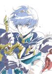  1boy black_gloves blue_cape blue_eyes blue_hair blue_shirt brooch cape closed_mouth commentary_request falchion_(fire_emblem) fire_emblem fire_emblem:_shadow_dragon_and_the_blade_of_light gem gloves highres holding holding_sheath holding_sword holding_weapon jewelry looking_to_the_side marth_(fire_emblem) sheath shirt signature suzuki_rika sword tiara weapon 
