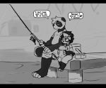  anthro black_bars black_body black_fur child dialogue dialogue_box duo english_text female fishing fur giant_panda hair hijackerdraws_(artist) holding_object letterbox male mammal monochrome multicolored_body multicolored_fur simple_background sitting text two_tone_body two_tone_fur ursid white_body white_fur young 