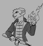  ak-47 anthro assault_rifle bovid caprine clothed clothing fire fur goat gun hijackerdraws_(artist) holding_object holding_weapon horn magic male mammal monochrome open_mouth open_smile ranged_weapon rifle simple_background smile solo weapon 