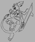  anthro claws clothed clothing dragon female fur furred_dragon hijackerdraws_(artist) holding_object holding_weapon horn melee_weapon monochrome simple_background solo sword weapon 