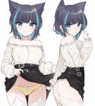  1girl :3 animal_ears ass azur_lane bare_shoulders black_hair black_skirt blue_eyes blue_hair blush breasts cat_ears cheshire_(azur_lane) closed_mouth collarbone dress eyebrows_visible_through_hair garter_straps highlights highres large_breasts lifted_by_self looking_at_viewer multicolored_hair panties shengtian short_hair skirt skirt_lift smile thighhighs two-tone_hair underwear white_dress white_legwear yellow_panties 