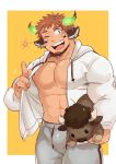  1boy alternate_costume animal_ears bangs bara blush brown_hair chest come_hither facial_hair forked_eyebrows glowing_horns horns looking_at_viewer luwei male_focus multiple_boys muscle native_american nipples one_eye_closed pectorals simple_background smile stuffed_toy thick_eyebrows tokyo_houkago_summoners upper_body wakan_tanka 