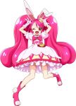  1girl ;d animal_ears arms_up bangs bunny_ears bunnysuit cure_whip dress earrings eyebrows_visible_through_hair floating_hair gloves hair_between_eyes hairband jewelry kirakira_precure_a_la_mode long_hair looking_at_viewer one_eye_closed open_mouth pink_hair pink_neckwear precure red_eyes red_hairband rick.black shiny shiny_hair short_dress short_sleeves simple_background smile solo twintails very_long_hair w white_background white_dress white_gloves 