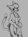  anthro breasts clothed clothing felid feline female fluffy fluffy_tail fur hijackerdraws_(artist) mammal monochrome partially_clothed simple_background smile solo 