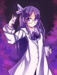  1girl absurdres asakura_rikako beaker bow clipboard closed_lab_coat dungeon_toaster glasses hair_bow hair_ribbon hairband highres holding holding_clipboard lab_coat long_hair long_sleeves phantasmagoria_of_dim.dream purple_background purple_eyes purple_hair purple_liquid ribbon simple_background touhou touhou_(pc-98) 