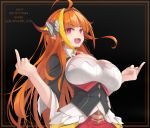  1girl :d absurdres ahoge black_jacket bow breasts cleavage double_middle_finger dragon_horns hair_bow hairband hands_up highres hololive horns huge_breasts jacket kana616 kiryuu_coco long_hair looking_at_viewer middle_finger multicolored_hair open_mouth orange_hair pointy_ears red_skirt shirt sidelocks skirt smile solo streaked_hair underbust upper_body very_long_hair virtual_youtuber white_shirt 