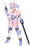  1girl absurdres armor breasts choker cleavage collarbone eyebrows facial_mark full_body high_heels highres holding holding_weapon horns large_breasts looking_away luceva original purple_eyes revealing_clothes short_hair short_twintails solo twintails weapon white_hair 