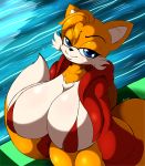  2020 2_tails anthro big_breasts black_nose blue_eyes breasts canid canine clothed clothing crossgender digital_media_(artwork) dipstick_tail eyebrows female fox hi_res huge_breasts hyper hyper_breasts looking_at_viewer mammal miles_prower mtf_crossgender multi_tail multicolored_tail nipple_outline signature smile solo sonic_the_hedgehog_(series) suirano thick_thighs 