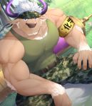  1boy absurdres alvedo_vhiich animal_ears armband bara chest chest_hair cow_boy cow_ears cow_horns facial_hair furry highres horns male_focus manly military military_uniform muscle pectorals purple_eyes purple_horns shennong_(tokyo_afterschool_summoners) simple_background solo tank_top tokyo_houkago_summoners uniform upper_body white_hair 