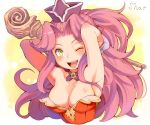  1girl angela_(seiken_densetsu_3) armpits artist_name bangs blush breasts cleavage eyebrows_visible_through_hair green_eyes highres large_breasts long_hair looking_at_viewer messy_hair one_eye_closed open_mouth parted_bangs seiken_densetsu seiken_densetsu_3 sho.t smile solo upper_body upper_teeth very_long_hair 