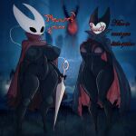  1:1 absurd_res anthro areola arthropod big_breasts big_butt black_body blush bodily_fluids breasts butt clothed clothing crossgender digital_media_(artwork) duo female female/female genital_fluids genitals grimm_(hollow_knight) hi_res holding_object holding_weapon hollow_knight hornet_(hollow_knight) insect melee_weapon mtf_crossgender nipples nude pussy red_eyes smolreapy standing string team_cherry thick_thighs vaginal weapon 