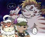  2020 anthro bodily_fluids eyewear felid fur glasses group hombretigre humanoid_hands kemono licho_(tas) male mammal overweight overweight_male pantherine raferafe shennong sweat tiger tokyo_afterschool_summoners video_games white_body white_fur 