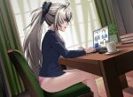  1girl 364ing01 absurdres ass black_bow black_hair black_jacket blue_eyes bow breasts chair collared_shirt computer computer_mouse cup curtains from_side grey_hair hair_bow highres indie_virtual_youtuber indoors jacket laptop legs long_hair long_sleeves medium_breasts mello_mutinus_(vtuber) multicolored_hair no_pants on_chair panties pink_panties second-party_source shirt smile solo suit table teacup thighs two-tone_hair underwear video_call virtual_youtuber white_shirt 