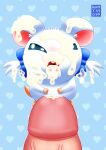 absurd_res accessory bestiality bijou_(hamtaro) bodily_fluids bow_ribbon cum cum_in_mouth cum_inside cum_on_face cum_on_penis cum_on_tongue duo extreme_size_difference female female_feral feral fur genital_fluids genitals hair_accessory hair_bow hair_ribbon hamtaro_(series) hamtaroso heart_background hi_res human human_on_feral humanoid_genitalia humanoid_penis interspecies larger_human larger_male male mammal pattern_background penis ribbons signature simple_background size_difference smaller_female smaller_feral tongue tongue_out white_body white_fur