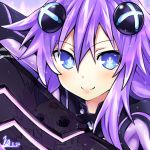  1girl bangs blue_eyes braid breasts cleavage hair_between_eyes hair_ornament kurozero long_hair neptune_(series) power_symbol purple_hair purple_heart smile solo symbol-shaped_pupils twin_braids upper_body 