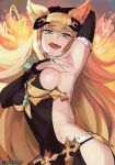  1girl :d animal_ears arm_behind_head armpits bangs blonde_hair blue_eyes blunt_bangs breasts covered_navel elbow_gloves eric_muentes frills gloves granblue_fantasy hair_ornament looking_at_viewer metera_(granblue_fantasy) mole mole_under_mouth open_mouth revealing_clothes sideboob smile solo tongue tongue_out 