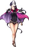  1girl ass_visible_through_thighs black_hair bodysuit breasts cape closed_mouth covered_navel full_body fur_trim hat highres impossible_bodysuit impossible_clothes long_hair looking_at_viewer medium_breasts official_art purple_eyes queen&#039;s_blade queen&#039;s_blade_white_triangle sidelocks solo tachi-e tattoo taylor_(queen&#039;s_blade) thigh_gap 