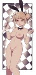  1girl :o animal_ears bangs blonde_hair blunt_bangs boku_no_hero_academia breasts bunny_ears checkered checkered_background detached_collar double_bun fake_animal_ears highres holding holding_knife knife lamb-oic029 looking_at_viewer medium_breasts navel nipples nude pubic_hair pussy short_hair solo standing toga_himiko yellow_eyes 