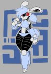  anthro black_body blue_hair breasts clothed clothing female fluffy fluffy_tail hair hijackerdraws_(artist) lagomorph leporid machine mammal multicolored_body partially_clothed rabbit red_eyes robot simple_background solo two_tone_body white_body 